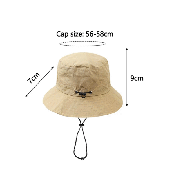 chapeau-de-pecheur-etanche Les dimensions sont indiquées d'un bob chapeau beige