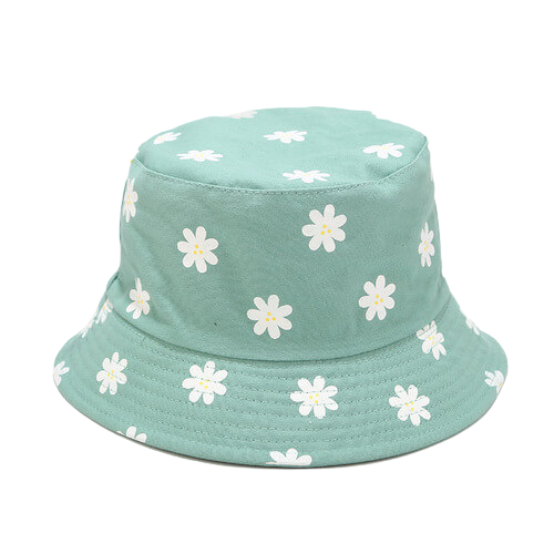Bob-fleuri-femme-couleur-turquoise-à-fleurs-blanches-et-présenté-sur-un-fond-blanc