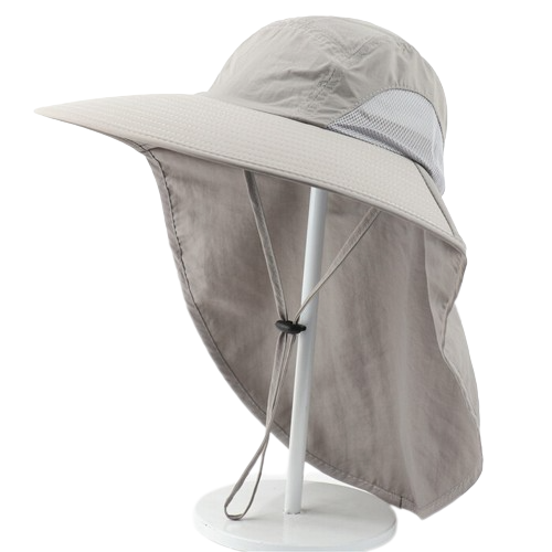 Un bob avec ficelle gris clair avec une extension arrière pour une protection solaire ultime