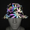 bob-chapeau-lumineu-reflechissant (3) Une tête de mannequin en plastique, porésenteun chapeau bob avec des motifs réfléchissants en forme de feuilles sur un tissu noir avec un arrière plant sombre