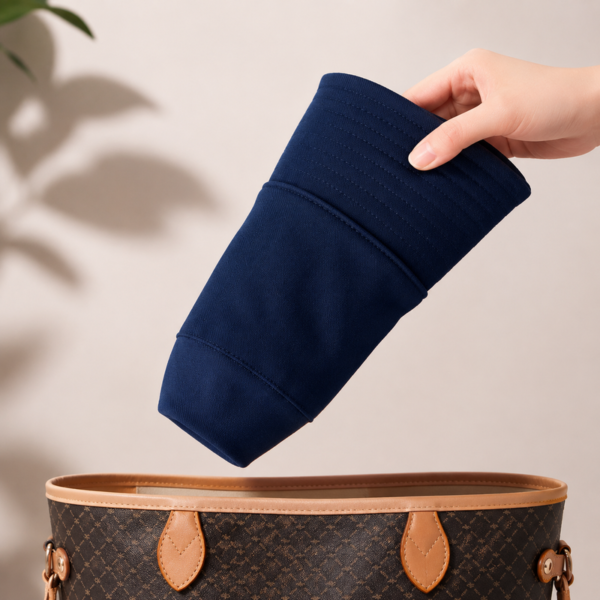 bob-bleu-marine-pliable-sac Le Bob Bleu Marine se plie facilement sans perdre sa forme. Compact et pratique, il se glisse aisément dans un sac de voyage, un sac à dos ou un tote bag pour vous accompagner partout.