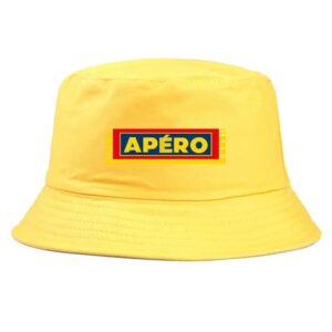 bob-apero-jaune Un bob jaune avec un logo apéro imprimé devant