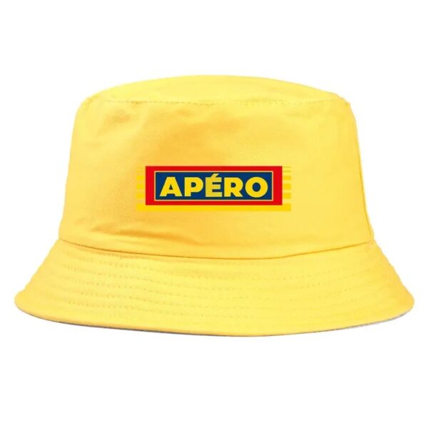 bob-apero-jaune Un bob jaune avec un logo apéro imprimé devant