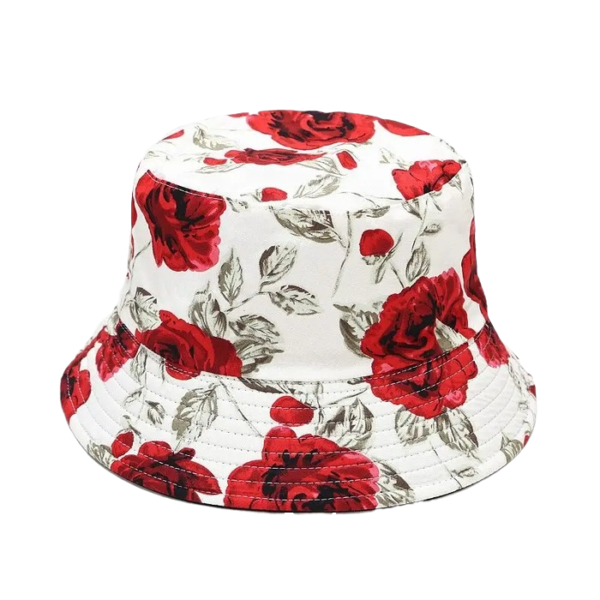 bob-chapeau-red-passion-blanc Un bob chapeau avec des motifs de grosses fleurs rose rouge