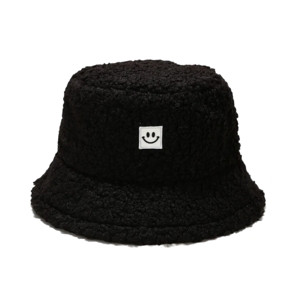 bob-fourrure-smiley-noir Chapeau de pêcheur chaud hiver de couleur noir avec smiley