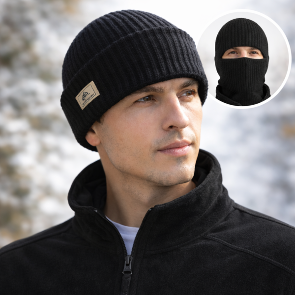 bonnet-cagoule-pour-homme Un homme porte un bonnet cagoule 2 en 1 noir sur un décor de nature