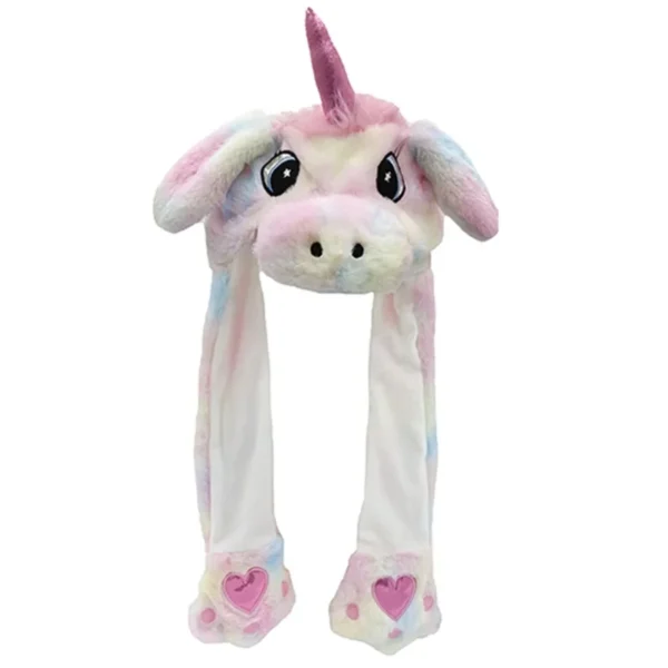 Un bonnet licorne aux longues oreilles est montré de face sur fond blanc