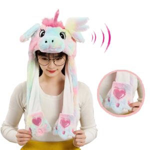 bonnet-licorne-oreille-qui-bouge Une fille porte un bonnet licorne oreille qui bouge sur un fond blanc