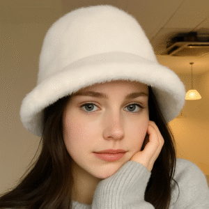 Un modèle porte un bob fourrure femme blanc dans un décor tamisé chaleureux