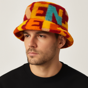 Un homme porte un bob chapeau fourrure homme coloré sur un fond gris