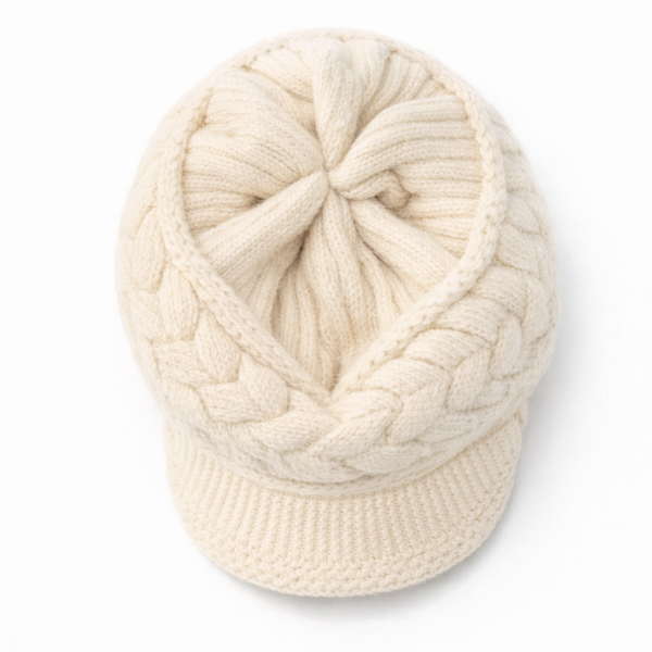 beret-femme-creme-maille-tressee-vue-dessus Béret femme crème en maille tressée, vue du dessus montrant la structure et la forme du bonnet élégant