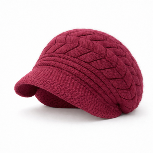 beret-femme-laine-bordeaux-texture-tressee-hiver Béret femme couleur bordeaux, texture tressée en laine, vue produit sur fond blanc, style mode hivernale