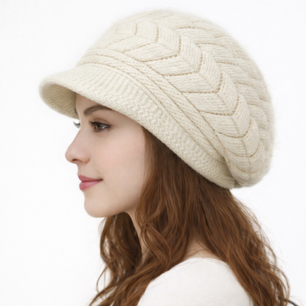 beret-femme-maille-ivoire-style-parisien-hiver Modèle femme portant un béret en maille ivoire, style parisien élégant, vue de profil pour un look hivernal chic