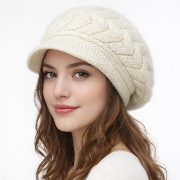 bonnet-beret-femme-tricot-creme-elegance-urbaine Modèle femme portant un bonnet béret couleur crème, rendu doux et raffiné, coiffure mise en valeur en studio
